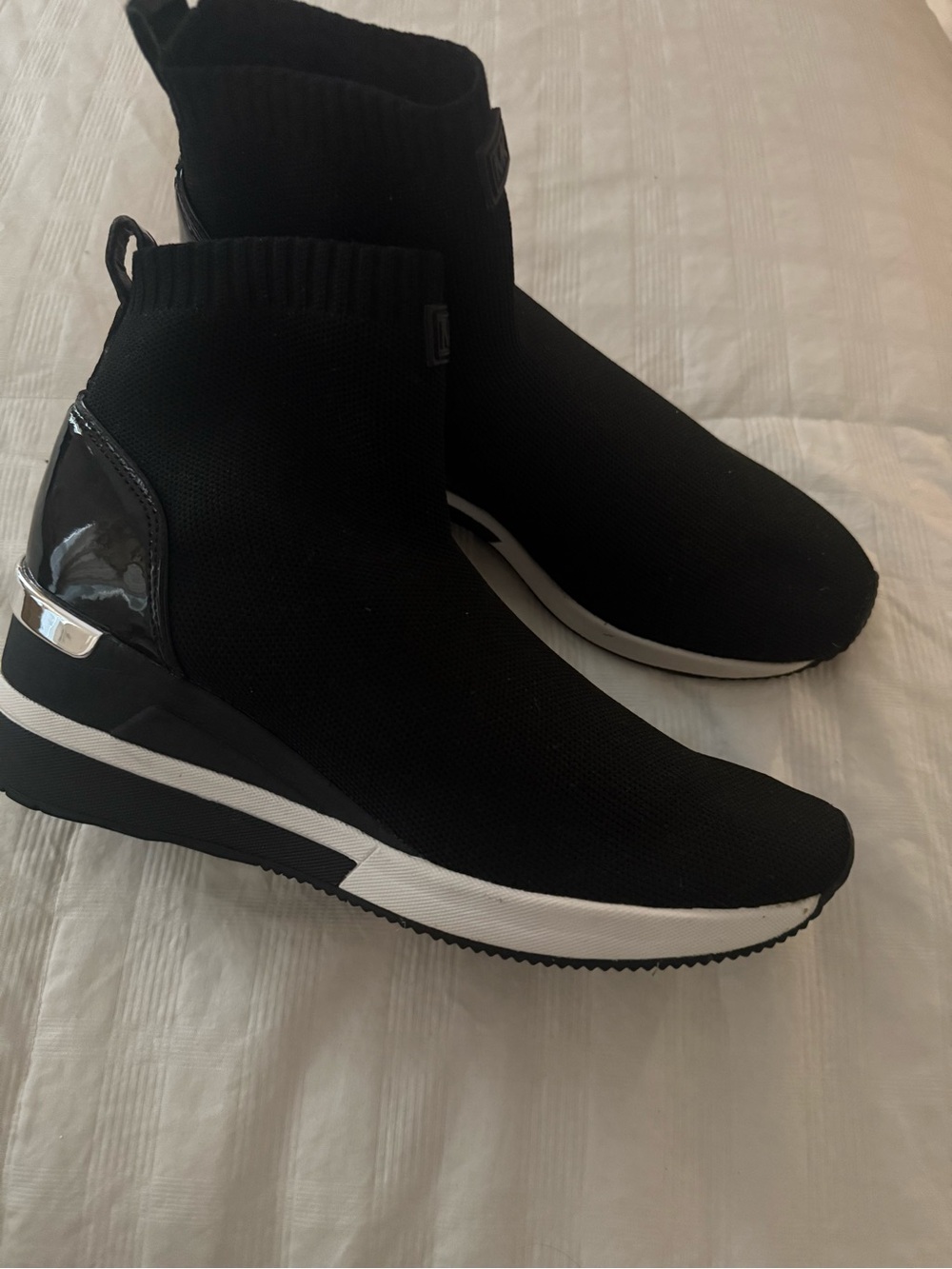 Black Knit Slip-On Wedge Sneakers with White Trim